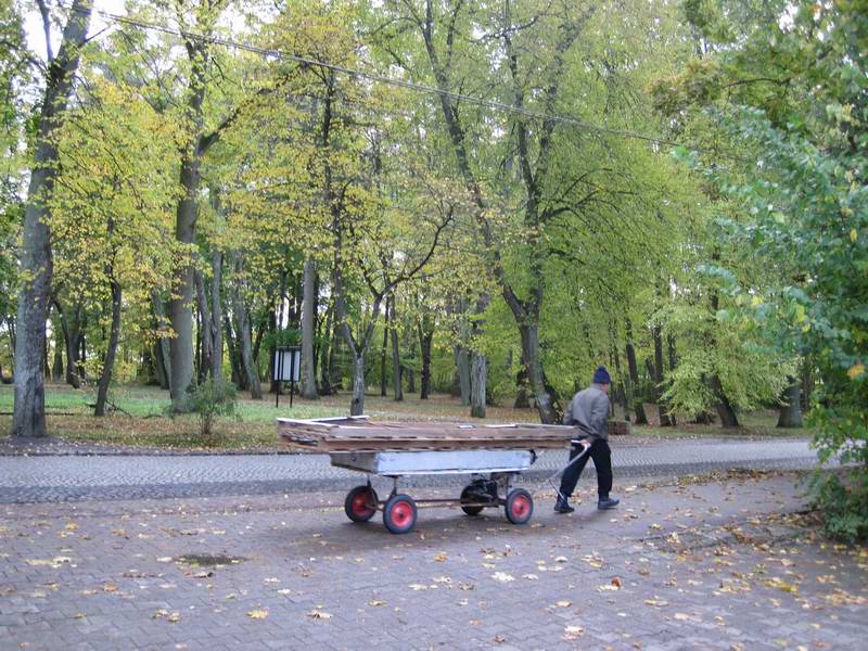 Мужик с прицепом, в котором установлен мафон, орущий матерные песни