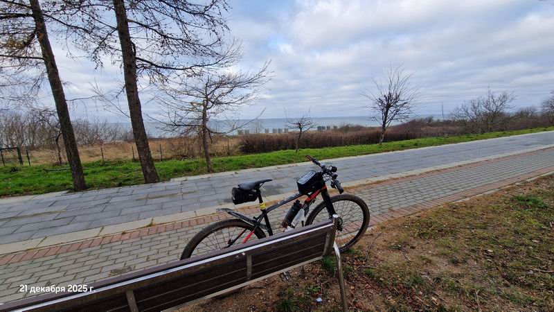 Велосипед Дмитрия Ливенцева на фоне велодорожки и моря