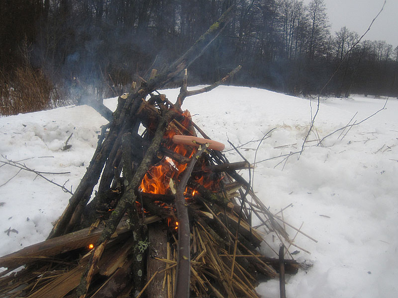 Сосиска жарится на костре